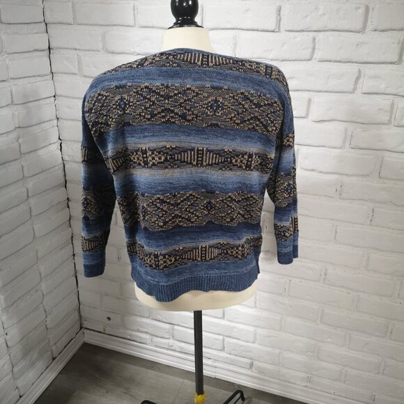 Chaps Denim Ladies Size Large Blue & Tan Linen Blend 3/4 Sleeves Sweater - Picture 2 of 9